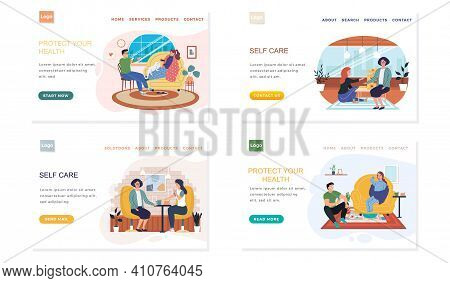 Set Of Illustrations About Joint Pastime On Self-medication. People Have At Home Fun During Illness.