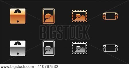 Set Bathroom Scales, Picture Landscape, Postal Stamp And Portable Video Game Console Icon. Vector