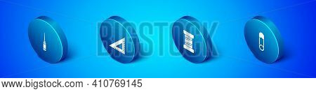 Set Isometric Awl Tool, Sewing Thread, Safety Pin And Triangular Ruler Icon. Vector