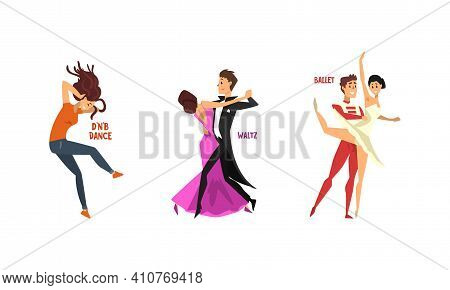 Set Of Various Styles Of Dancing, Professional Dancers Performing Ballet, Waltz, Drum And Bass Carto