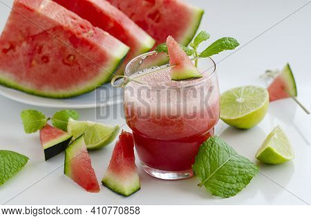 Watermelon Smoothie  With Lemon And Mint To Cool Down On Hot Days. Refreshening Fruit Drink  For Hot