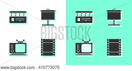 Set Play Video, Movie Clapper, Retro Tv And Projection Screen Icon. Vector