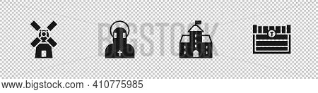 Set Windmill, Monk, Castle, Fortress And Antique Treasure Chest Icon. Vector