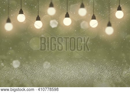 Yellow Wonderful Shining Abstract Background Glitter Lights With Light Bulbs And Falling Snow Flakes