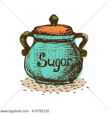 Vintage Sugar Basin On White Background Doodle Vector Illustration