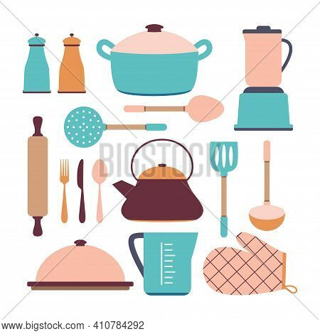 Set Of Blue Pink Cookware Isolated On White Background, Vector Illustration, Kitchen Utensils