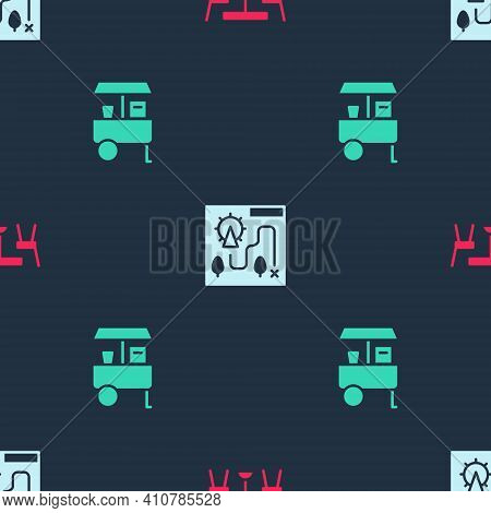 Set Picnic Table With Chairs, Amusement Park Map And Fast Street Food Cart On Seamless Pattern. Vect