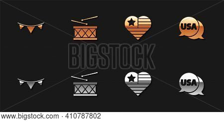 Set Carnival Garland With Flags, Drum Drum Sticks, Usa Independence Day And Label Icon. Vector