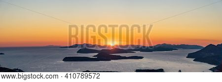 Panoramic View Of Adriatic Islands With Dubrovnik Old Town In Sunset Hour From Top Of Mountain Srd