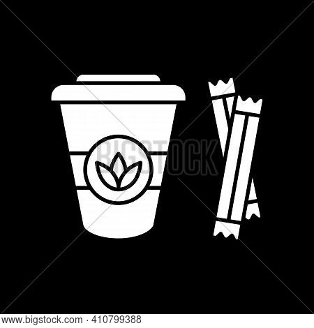 Leaf Tea To Go Dark Mode Glyph Icon. Add Sugar To Natural Drink. Disposable Cup. Coffee Shop Takeout