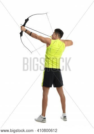 Man With Bow And Arrow Practicing Archery On White Background