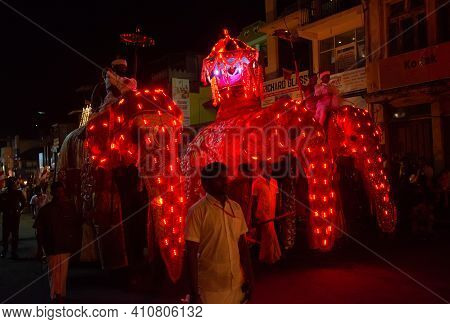 Kandy, Sri Lanka : August-05-2019 : Group Of Ceremonial Elephant Carrying The Sacred Casket In Kandy