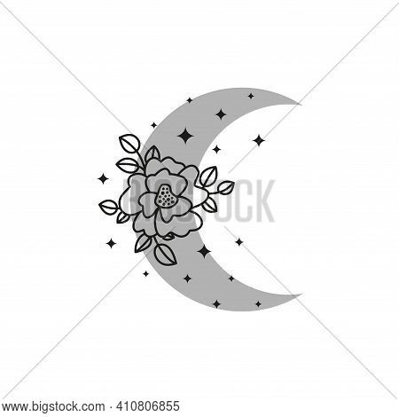 Grey Bohemian Crescent Moon With Outline Flower Isolated On White Background. Mystic Witchy Illustra