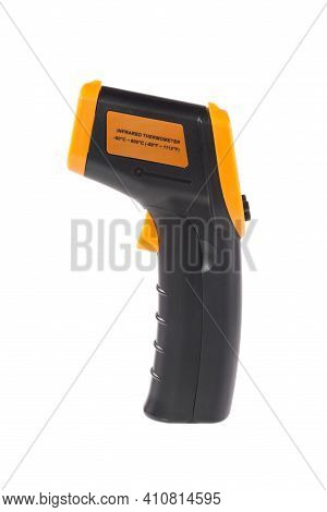Yellow-black Pyrometer Isolated On White Background. A Device For Non-contact Temperature Measuremen
