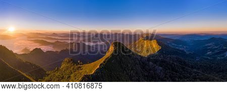Aerial View Nature Background, Panorama Of Phu Chi Dao At Sunrise In Chiang Rai, Thailand.