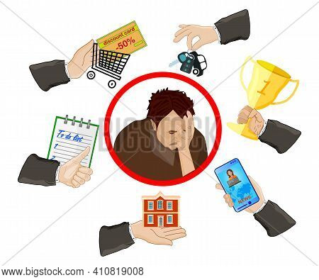 Depressed Man With Many Hands Isolated On White Background. Multitasking Problem With Stress And Pre