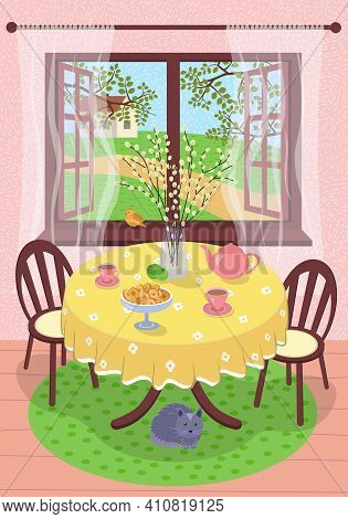 Spring Village Rest Scene Eps Poster. Country House Interior. Outside Open Window Through Tree Folia