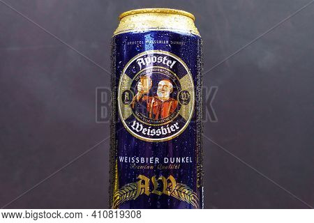 Tyumen, Russia-december 23, 2020: Eichbaum Apostel Weissbier Dunkel Beer