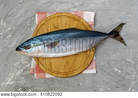 Large Amberjack Seriola Is A Dumerili On A Gray Concrete Background. Top View