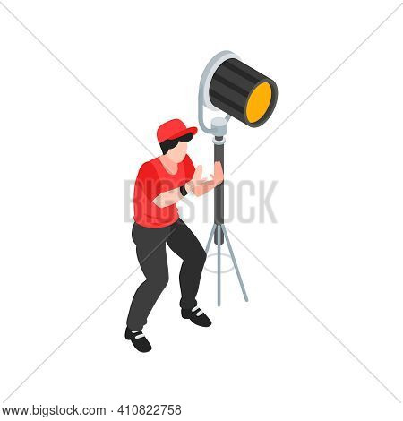 Isometric Cinematography Composition With Isolated Character Of Gaffer With Spot Light Vector Illust
