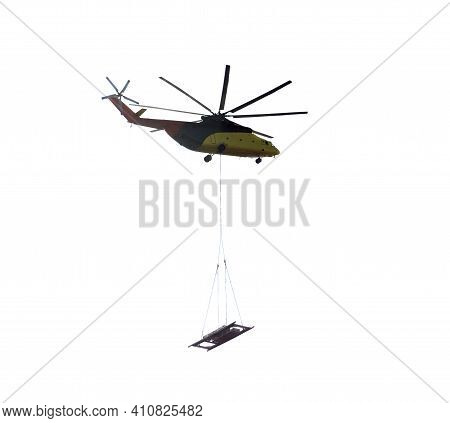 Cargo Helicopter With Cargo Isolated. Silhouette Of A Cargo Helicopter On A White Background.