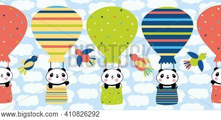 Cute Kawaii Panda Travelling In Hot Air Balloons Seamless Vector Border. Bright Multicolor Banner Wi