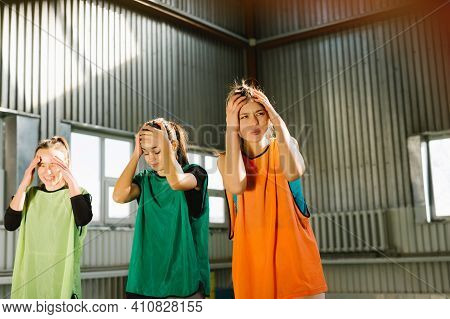 Disappointed Female Friends Feel Sad Stressed After Sports Team Lose Game, Distressed Young Girls Fr