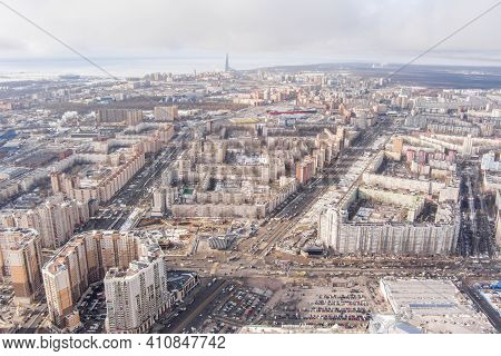 Russia, St.petersburg, 03 March 2021: The Aerial View Of The Huge Crossroad At Subway Station Pionee