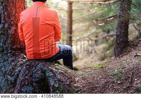 Man Sitting On His Back On A Large Tree In Green Landscape, Looking At The Sun At Sunrise. Madrid Mo