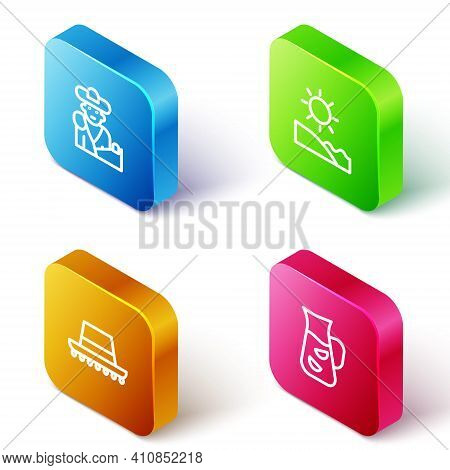 Set Isometric Line Bullfight, Matador, Beach, Spanish Hat And Sangria Icon. Vector