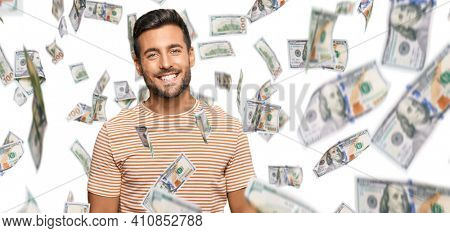 Handsome hispanic man wearing casual clothes with a happy and cool smile on face. lucky person.