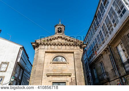 Santiago De Compostela, Spain - July 18, 2020: Church Of San Bieito Do Campo In Santiago Against Blu