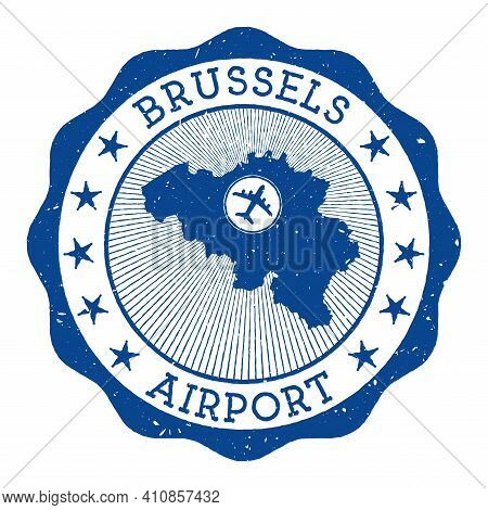 Brussels Airport Stamp. Airport Of Brussels Round Logo With Location On Belgium Map Marked By Airpla