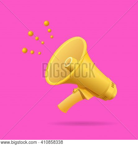 Realistic Detailed 3d Yellow Megaphone On A Pink Background Symbol Of Announce. Vector Illustration 