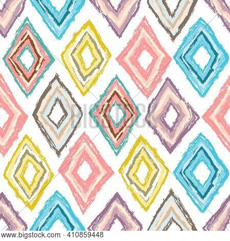 Rhombus Paint Brush Seamless Pattern. Abstract Baby Background With Rhombus Brush Strokes. Curtain P