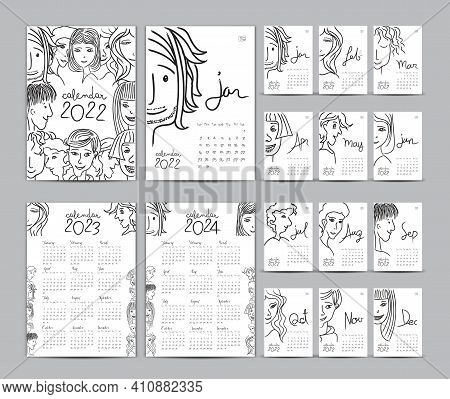 Desk Calendar 2022 Template Set, Calendar 2023-2024, Lettering Calendar, Hand-drawn Cartoon Hipster 