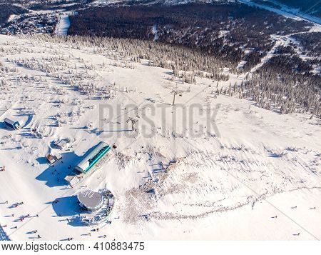 Sheregesh Ski Lift Resort In Winter, Landscape On Mountain And Hotels, Aerial Top View Kemerovo Regi