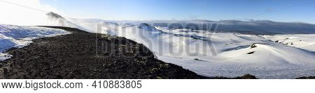 Panorama Of Snowy Landscape At Fimmvoerduhals Hiking Trail In The Early Morning, Highlands Of Icelan