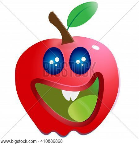 Smiling Caricature Of A Red Apple, Showing White Teeth, Green Tongue And Blue Eyes