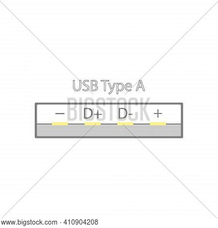Usb Connector With Signed Power And Digital Signal Pins In A Simple Design With Gold Pins. View In T