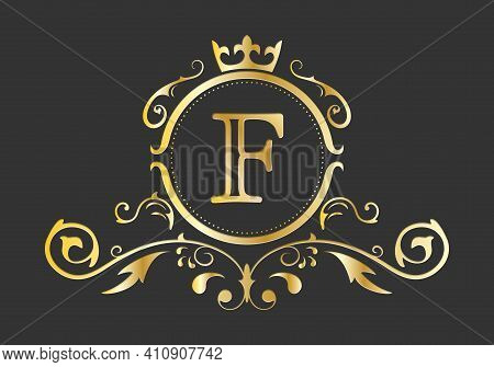 Golden Stylized Letter F Of The Latin Alphabet. Monogram Template With Ornament And Crown For Design