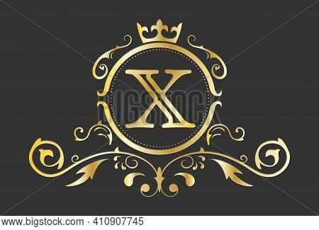 Golden Stylized Letter X Of The Latin Alphabet. Monogram Template With Ornament And Crown For Design
