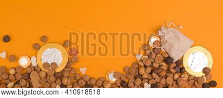 St. Nicholas Day Background. Card. Dutch Holiday Sinterklaas Flat Lay With Gifts, Pepernoten, Tradit