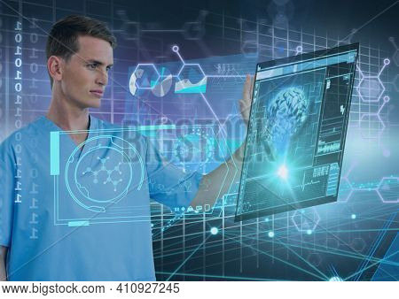 Male doctor touching screen with scientific data processing and human brain. global medicine science and technology concept digitally generated image.