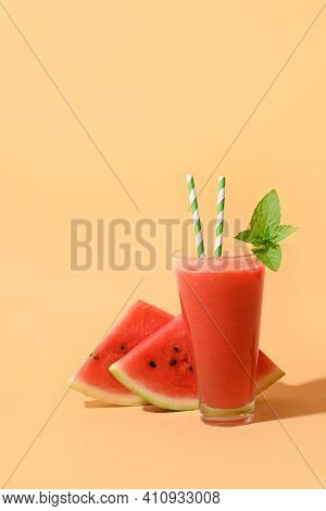 Watermelon Smoothie Mint With Summer Shadow On Beige. Vertical Format. Summer Refreshing Tasty Bever