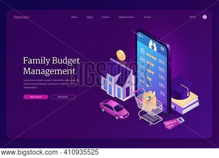 Family Budget Management Isometric Landing Page. Mobile Phone Application For Financial Planning, Mo