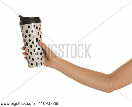 Woman Holding Elegant Thermocup On White Background, Closeup