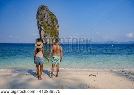 Koh Poda Island Thailand, Couple Mid Age Asian Woman And European Man On The Beach, Koh Poda Thailan