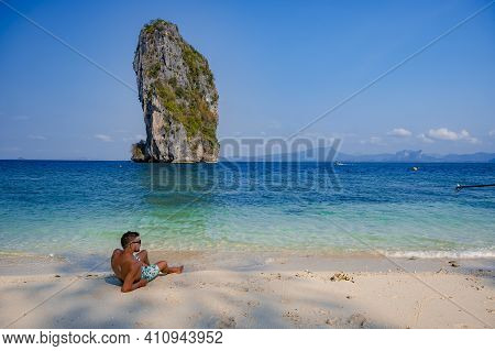 Koh Poda Island Thailand, Couple Mid Age Asian Woman And European Man On The Beach, Koh Poda Thailan