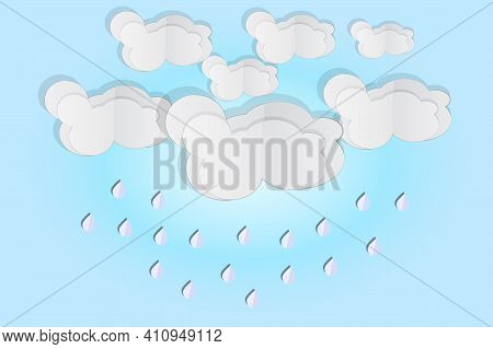 Cloud And Rain Isolated On Blue Background. Origami Art Rainy Season. Storm Weather Concept With Fal